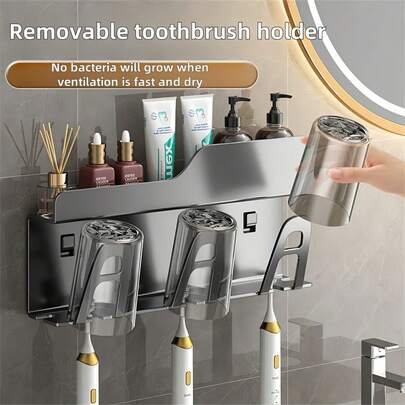 1pc Toothbrush & Toothpaste Holder, New No-Drill Bathroom Cup Organizer Rack, Multi-Function Storage Shelf For Home