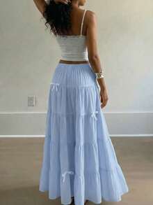 Chân váy midi dáng chữ A rộng rãi, thanh lịch, cạp cao, trang trí nơ, kiểu vintage ngọt ngào dành cho nữ, thích hợp cho mùa xuân. - Màu xanh nhạt - Xem 3