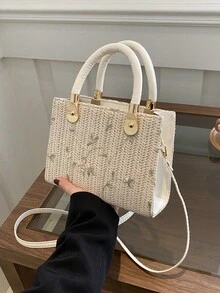 1 件女士纯色纹理刺绣石头图案手提包、单肩包和斜挎包，带拉链开合，最佳母亲节礼物 - 米色 - 查看 7