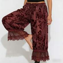 Y2K Coquette Sheer Floral Lace Bloomer Pants Ruffle Trim Wide Leg Pettipants - 紅色 - 查看 3