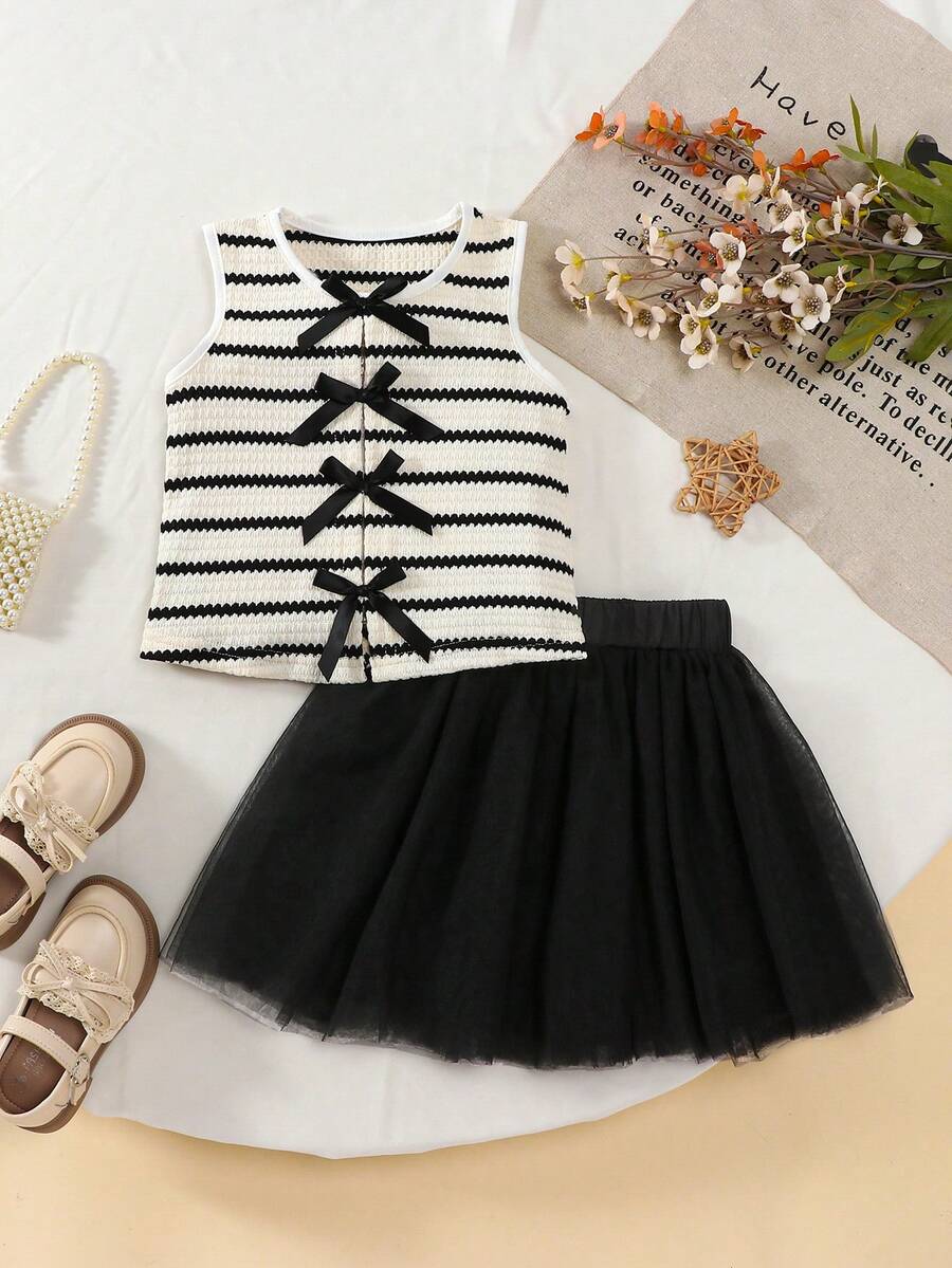 Girls Striped Vest & Mesh Skirt Set, Summer - Black - View 1