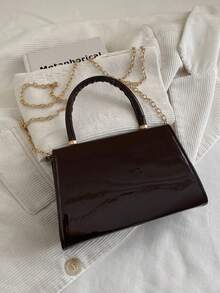 新款亮面手提包，晚宴包，链条肩带小方包 - 咖啡棕 - 查看 6