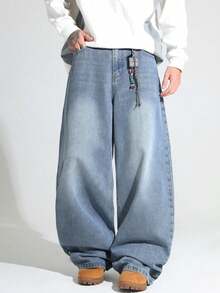 1pc Justice Brother Men's Loose Washed Denim Casual Baggy Wide Leg Jeans Pants (Excluding Belt/Accessories) - Rửa nhẹ - Xem 1