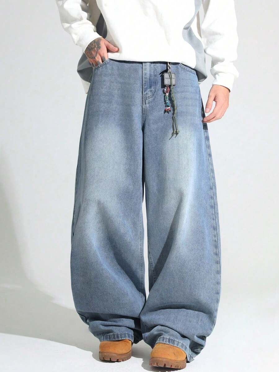 1pc Justice Brother Men's Loose Washed Denim Casual Baggy Wide Leg Jeans Pants (Excluding Belt/Accessories) - Rửa nhẹ - Xem 1