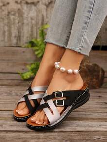 女士厚底凉鞋，时尚交叉绑带沙滩凉鞋 - 銀黑 - 查看 2