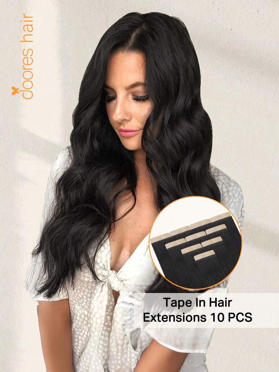 DOORES 10片装直发胶带式接发,100%真人发丝,沙龙级丝滑无痕隐形接发,自然黑,25克,10-26英寸,隐形贴肤PU胶带接发,适合头发稀疏的女性增加发量、长度和自然高光效果 - 易于佩戴,是毕业、周年纪念和节日发型的完美之选。 - S1B - 查看 1