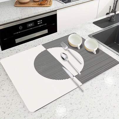 1片极简半圆形吸水垫，涤纶防水台面保护垫，适用于厨房、餐桌装饰、餐具晾干、洗衣机、咖啡机、浴室盥洗台、厨房配件、派对用品