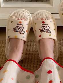 Dép đi trong nhà bằng vải lanh dành cho nữ, họa tiết chấm bi và ngựa cầu vồng, dễ thương, chống trơn trượt, đế mềm ấm áp, thích hợp mang trong nhà, mùa xuân/thu/đông. - trắng - Xem 4