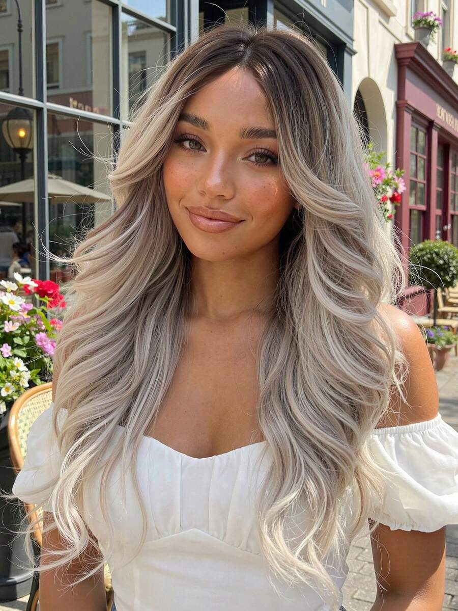 Ash Grey Ombre Body Wave Wig For Women, 22 Inch Machine Made Synthetic Wig With Bangs Heat Resistant - Grey - View 1