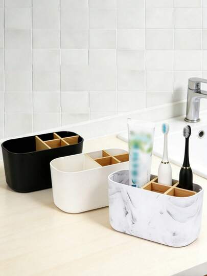 5-Slot White Marble Color Bathroom Toothbrush Holder, Electric Toothbrush And Toothpaste Rack. Toothbrush Storage Box For Bathroom Countertop, Shower Area And Vanity. Matte Black Bathroom Toothbrush Holder, Electric Toothbrush Rack With Bamboo Divider, Kids Toothbrush And Toothpaste Storage Box For Bathroom Accessories