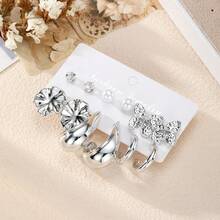 Set de 12 piezas de aretes en forma de C con diamantes de imitación y perlas 2026, diseño de lujo minimalista y único, adecuado para uso diario - Plateado - Ver 3