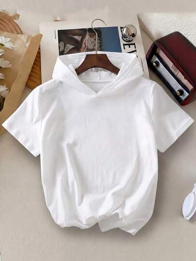 夏季儿童连帽短袖T恤，纯色，百搭休闲上衣。