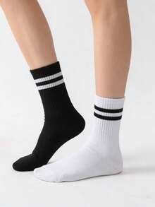 6双装经典条纹舒适透气纯色双条纹男女通用中筒袜 - 黑與白 - 查看 9