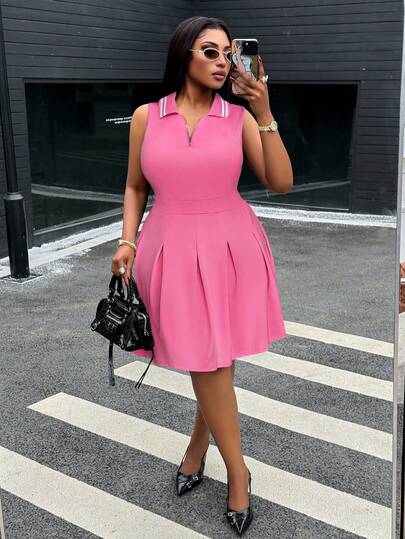 BIUBIU 大码休闲玫红色 Polo 领迷你连衣裙，女士无袖条纹领拉链前开衩 A 字裙，夏季休闲日常穿搭