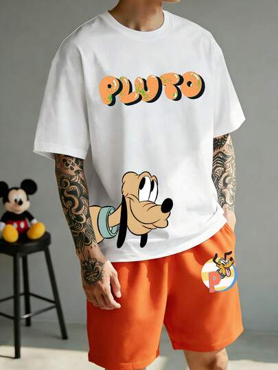 Disney 2pcs Disnry Print Men's Loungewear Casual Set, White Top And Orange Men's Shorts, Suitable For Men's 2 Pieces Set