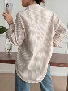 Look Polly 女士春夏 Y2K 条纹长袖衬衫，单排扣休闲时尚，沙滩装，口袋设计，返校季服装，复古风可爱教师衬衫，宽松纽扣衬衫，女士教师套装，大码沙滩衬衫，沙滩风，情人节女士时尚衬衫 - 卡其色 - 查看 2