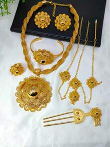 Bộ trang sức 6 món mạ vàng thời trang với mặt dây chuyền hình tròn rỗng: Dây chuyền, bông tai, nhẫn, vòng tay, dây đeo đầu, kẹp tóc. Thích hợp cho cô dâu Ả Rập Xê Út, Châu Âu và Mỹ, Trung Đông, Dubai, Châu Phi, trong các dịp cưới hỏi, tiệc tùng, Giáng sinh, Ngày Valentine, sinh nhật, Ngày của Mẹ, quà tặng mùa cưới cho bạn gái. - Vàng - Xem 2