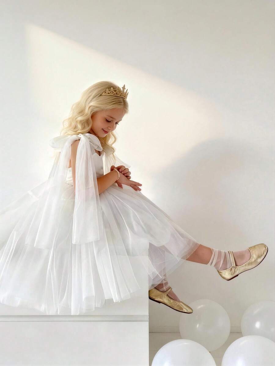 White Bowknot Tulle Christmas Party Elegant White Dress, Princess Dress Suitable For Girls Birthday Party, Banquet, Formal Occasion, Wedding Flower Girl Dress, Thanksgiving, Graduation - 白色 - 查看 1
