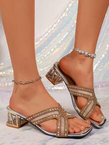 1双女士棕色水钻方头粗跟凉鞋，优雅复古风，时尚高跟鞋，适合派对和春夏穿着 - 棕色 - 查看 1