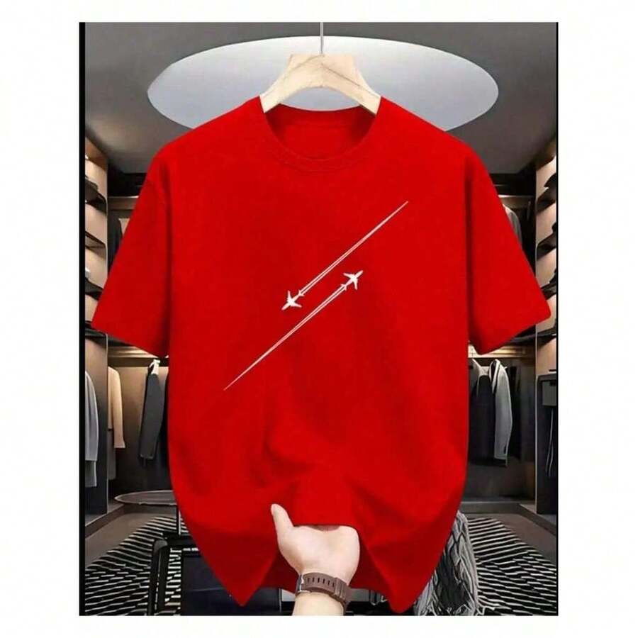 Camiseta Masculina AVIÃO 100% algodao Manga Curta Gola Redonda Estampada - Vermelho - Visão 1
