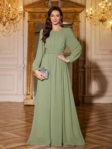 Volly Toych 抹茶色优雅长袖雪纺伴娘礼服，无衬里袖子，胸部褶皱圆领设计，适合特殊场合，是秋季活动的完美之选。 - 抹茶綠 - 查看 7