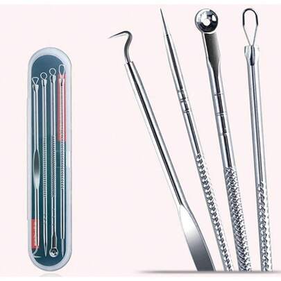 Kit Profissional 4 1 Extrator Cravos Espinhas em Aço Inoxidável Para Limpeza Pele e Remoção de Acne - WJ