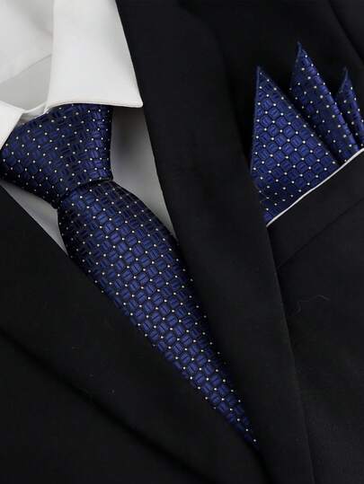 ZLQ&GOU 两件套商务风格藏蓝色涤纶柔软领带套装，包含领带和手帕，适合办公室、正式场合和西装搭配。