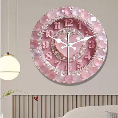 1个粉色爱心宝石主题挂钟 | 静音装饰钟，创意设计，适用于卧室、客厅、办公室装饰，10/12英寸（不含AA电池）