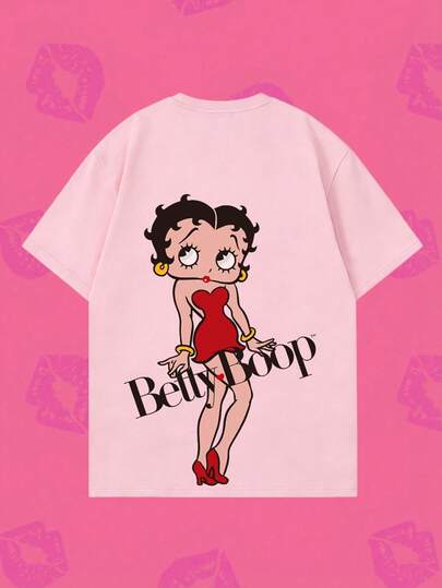 Whysmera SHEIN X Betty Boop Summer Women's Short Sleeve Red Dress Look With Heart Accent Graphic T-Shirt, Classic Retro Cartoon Character Design, Combined With Sweet Cool Style, American Retro And Y2K Millennium , Suitable For Valentine's Day, Girls' Dates, Campus Commutes, Summer Shopping, Vintage Markets, Daily Vacations, Themed Parties And Holiday Gatherings, A Core Short Sleeve Item For Creating Unique Sweet Cool Atmosphere Outfits