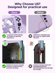 Ayotu 紫色猫咪主题Switch保护壳，适用于新款Switch 2 (2025)/Switch NS/Switch OLED，无需取下即可在底座上使用，通用游戏手柄保护套，包含2个摇杆帽，Switch游戏配件，防摔防刮，春日浪漫/返校季/情人节礼物 - 查看 4