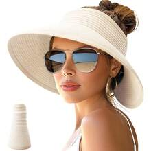 Women's Sun Hat Wide Brim Roll-Up Beach Ponytail Hat Foldable Travel Straw Sun Hat - 黑色 - 查看 3