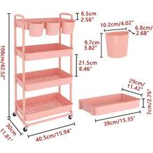 Blue Plastic Rolling Utility Storage Cart, 3 Tier Trolley With Hanging Cups Handles Lockable Wheels For Kitchen Bathroom Office - Pink - View 10