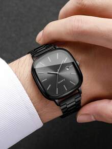 2pcs/Set Men's Gift Watch - Square Dial Fashion Engraved Calendar Dial Classic Stylish Quartz Wristwatch + Bracelet (Watch Box Not Included) - Black - View 5