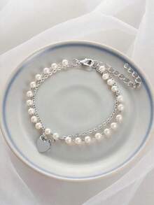 1件装多功能仿珍珠双层链吊坠手链，适合通勤、日常佩戴和约会 - 銀色 - 查看 6