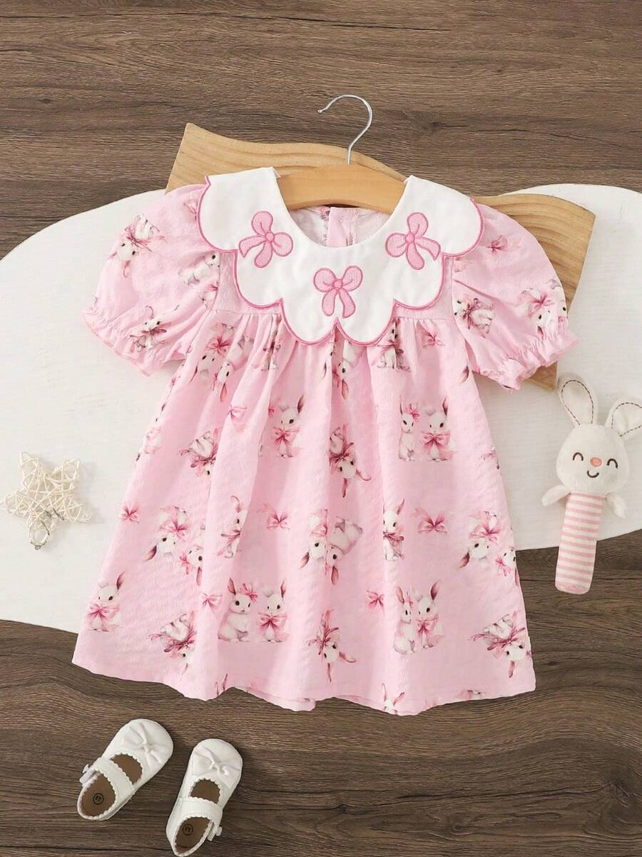 Baby Girls' Casual Cute Rabbit Print & Embroidered Bow Round Neck Short Sleeve Summer Dress - Pink - View 1