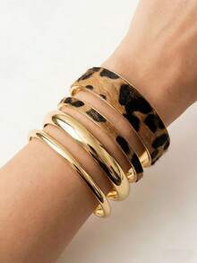 4pcs Leopard Print PU Leather Bracelet, Minimalist Metal Bracelet Set, Suitable For Women Stacking - Dark Brown - View 3