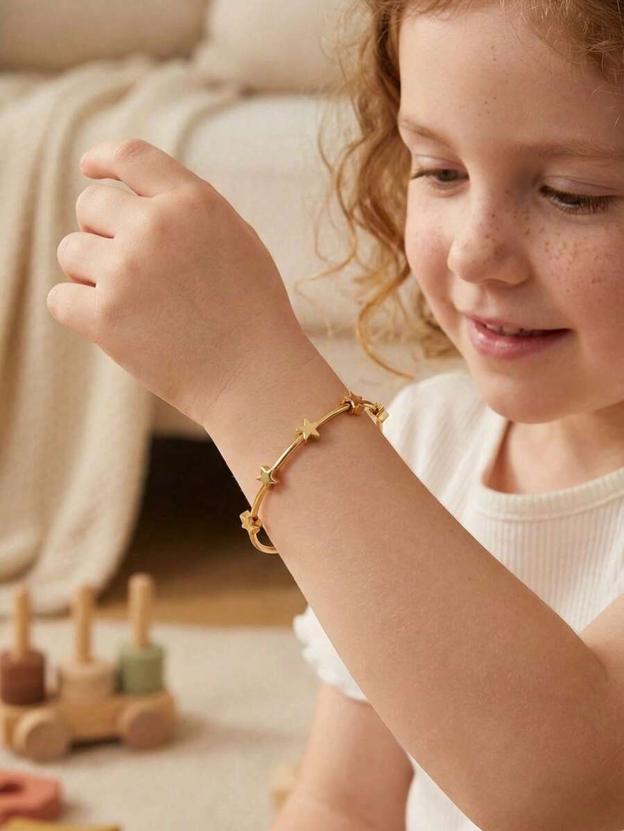 1pc Minimalist Copper Pentagram Decor Open Bangle Bracelet, Children's Jewelry Accessory, Party & Holiday Gift - Gold - View 1
