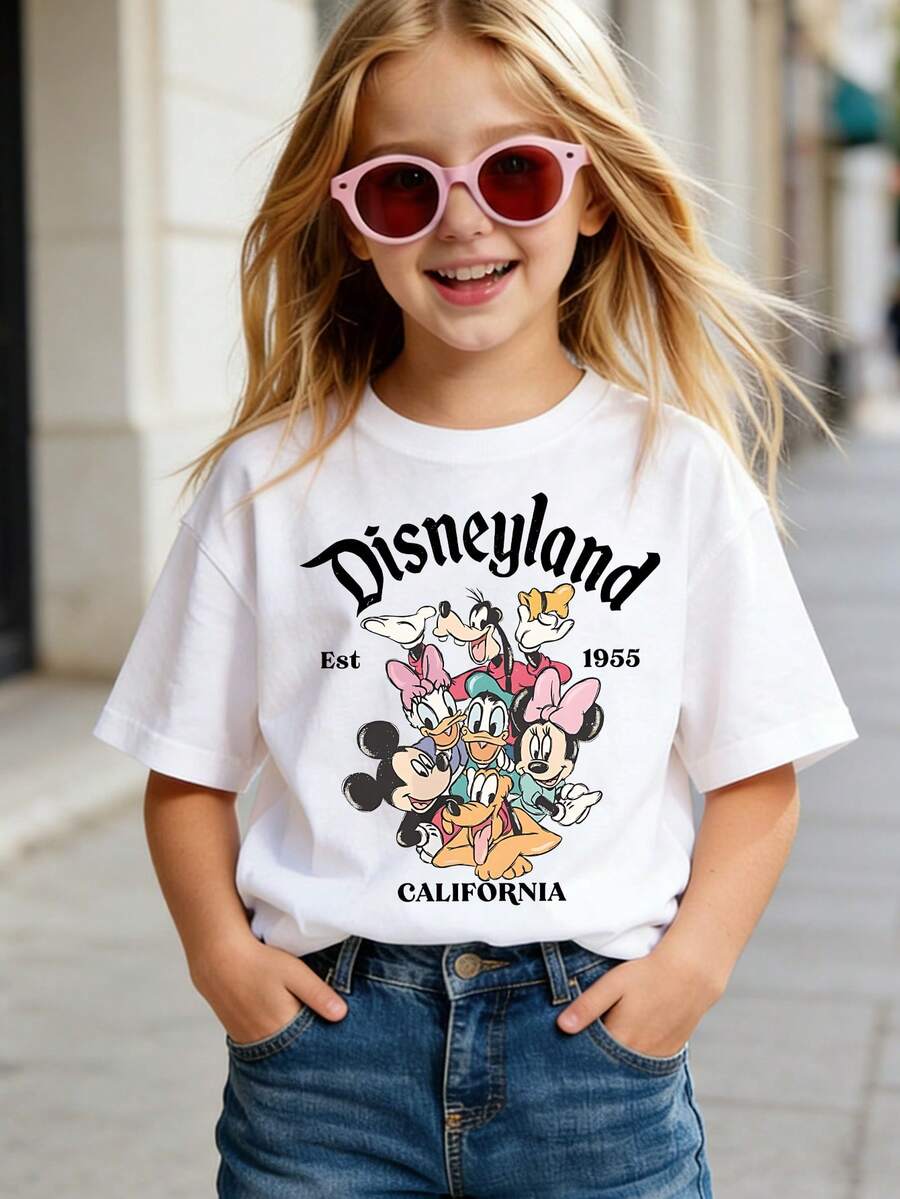 Summer Tops,Disneyland Print Graphic Tee, Perfect For Cute Girls. Teen Girl Gift,Comfortable And Breathable Children's Short-Sleeved T-Shirt. 180g Pure Cotton Children's Clothes,Suitable For Both Boys And Girls.Suitable For Daily Wear, Vacations, Outdoor Activities, And As A Children's Gift. - White - View 1