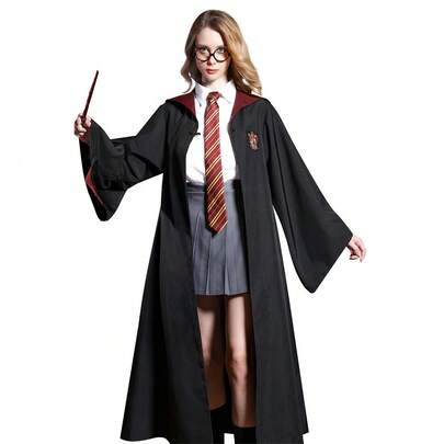 1pc Gryffindor Style Robe Cloak: Black Gown With Red Collar, Dragon Head Embroidered Badge, Realistic School Uniform Design, Combining Fashion And Magical Campus Vibe, Suitable For Cosplay, Collection And Theme Parties, Comfortable Fit.
