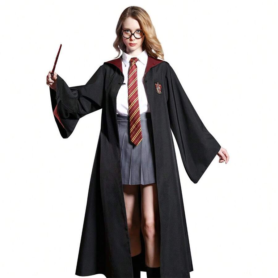 1pc Warner Bros. -Style Or House Robe: Black Long Robe With Red Collar, Embroidered Dragon Head Emblem, Realistic School Uniform Design, Combining Fashionable And Magical Campus Vibe, Suitable For Cosplay, Collection, And Themed Parties, Comfortable And Well-Fitted. - Multicolor - View 1