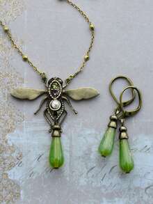 3pcs Dragonfly Geometric Pendant Necklace & Earrings Set, Multi-Color Metal, Natural Stone, Cubic Zirconia, Pearl, Retro Classic For Women Party - Multicolor - View 6