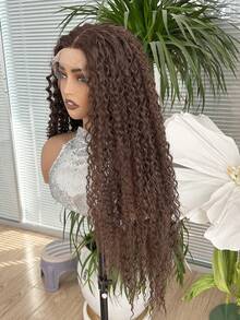13*4*1 Inch Deep Brown Long Curly Lace Front Wig, Glueless Lace Curly Wig, Pre-Plucked, Deep Wave Lace Front Wig, Afro Kinky Curly Synthetic Lace Wig, 34 Inches - Brown - View 5