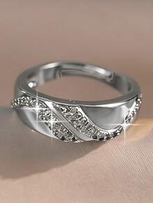 1枚优雅简约立方氧化锆订婚戒指，闪耀独特线条设计，开口戒指，适合日常佩戴、婚礼派对配饰、情人节珠宝礼物 - 白色 - 查看 8