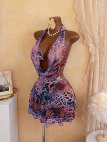 Women's 4-Piece Swimsuit Set, Leopard Print With Pearl Decor, Elegant Style, Suitable For Beach Vacation Summer - Purple - View 3