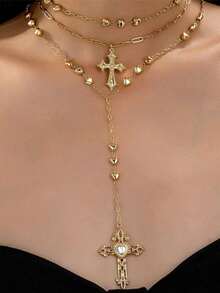 1 Pc Golden Color Heart Chain Cross Necklace Y Chain Pendant Necklaces Layering Necklaces Set Cross Jewelry - Vàng - Xem 7