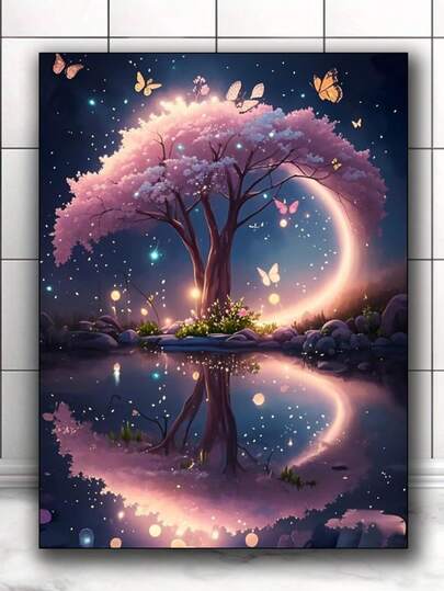 粉色树月蝴蝶钻石画套装，适合成人 - 5D风景钻石画，适合初学者，DIY钻石画工艺品，可用于装饰家居墙壁和作为礼物