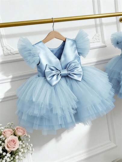 Baby Girls' Bow Cap Sleeve Light Blue Elegant Princess Tulle Dress, Suitable As 1st Birthday Gift, Banquet, Party, Celebration Occasion