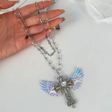 Gothic Y2K Necklace, Cyber Angel Silver Wing Cross Necklace, Edgy Sweet Niche Heavy-Duty Necklace - Multicolor - View 3