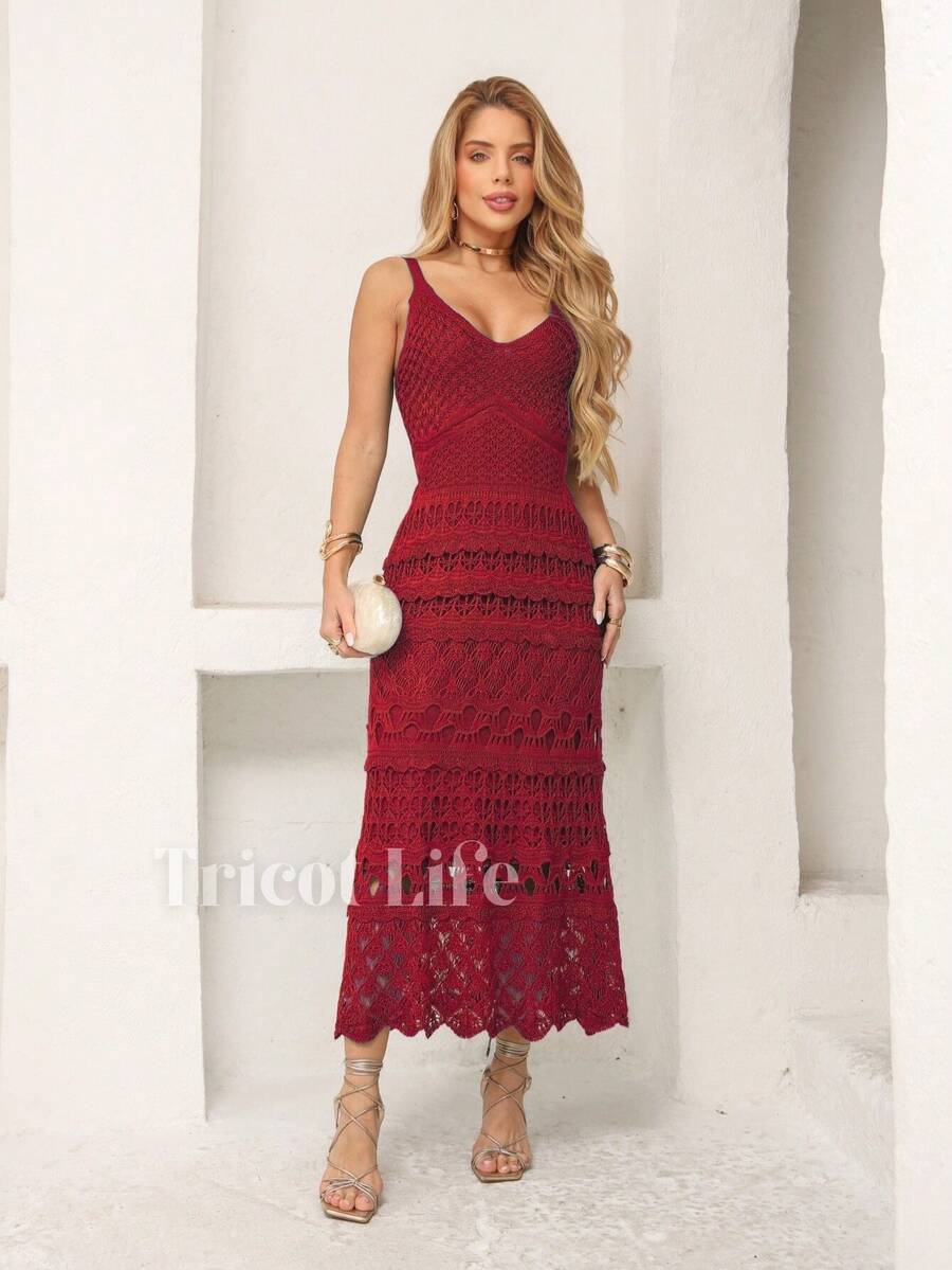 Women's Midi Dress, Knit With Lace, Party, Beach, Sophisticated, New Year's Eve, Christmas, Vacation, Beach, Wedding, Bridesmaid - 焦紅色 - 查看 1