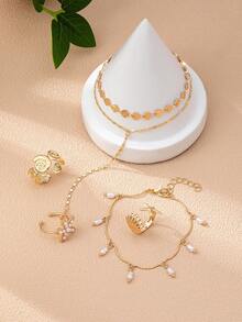 5pcs Gold Starfish Ring And Bracelet Set, Beach Style Jewelry Set For Women - Multicolor - View 3